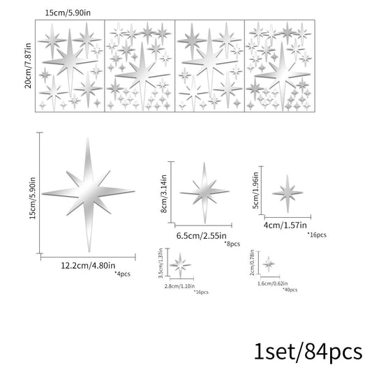 92-Piece 3D Acrylic Star Mirror Wall Stickers - Removable, Silver, for Home & Christmas Decor