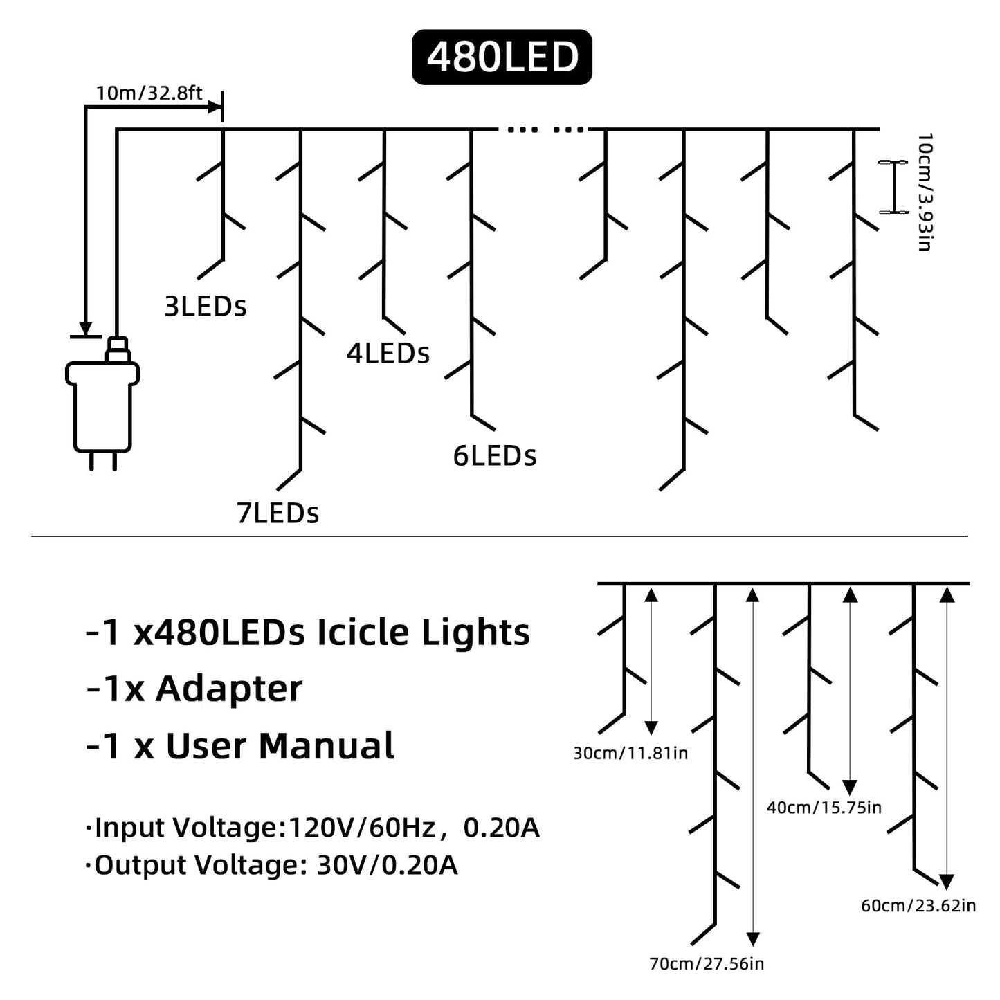 BYIZO Christmas Outdoor Icicle Lights - 480 LED 66+33 FT 8 Modes Curtain Fairy String Light Plug in, Waterproof for Eaves Yard Holiday Xmas Holiday Indoor Outdoor Decoration - White