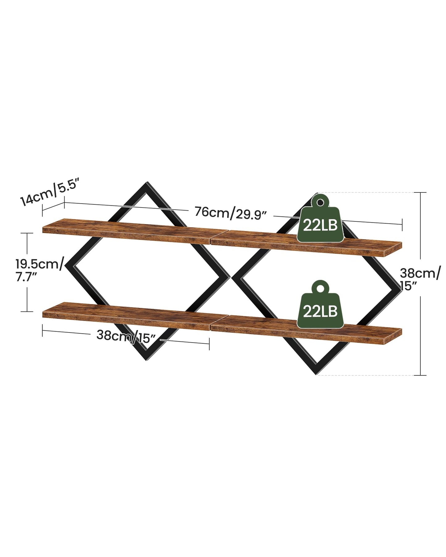 CHOEZON Floating Shelves, Set of 2 Wall Shelves, 2-Tier Hanging Shelves, Wall Shelf Set of 2, Wall Mounted Shelves, for Living Room, Bedroom, Kitchen, Office, Study, Rustic Brown TBJ01P2BF