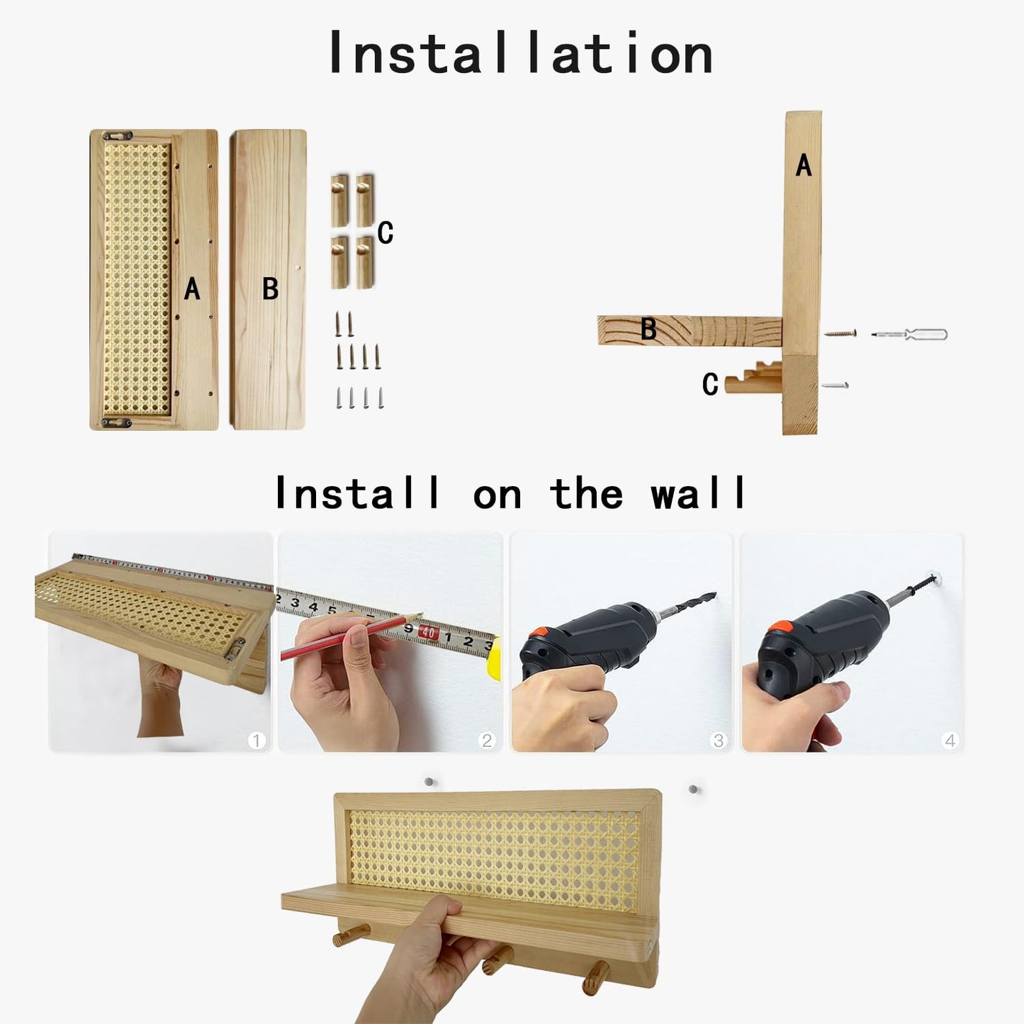 FRIADE PE Rattan Coat Rack Shelf Wall Mounted with 4 Hooks, Decorative Coat Hook Rack with Floating Shelf for Entryway, Nursery, Mudroom, Hallway, Kitchen, Office (Retro Brown)