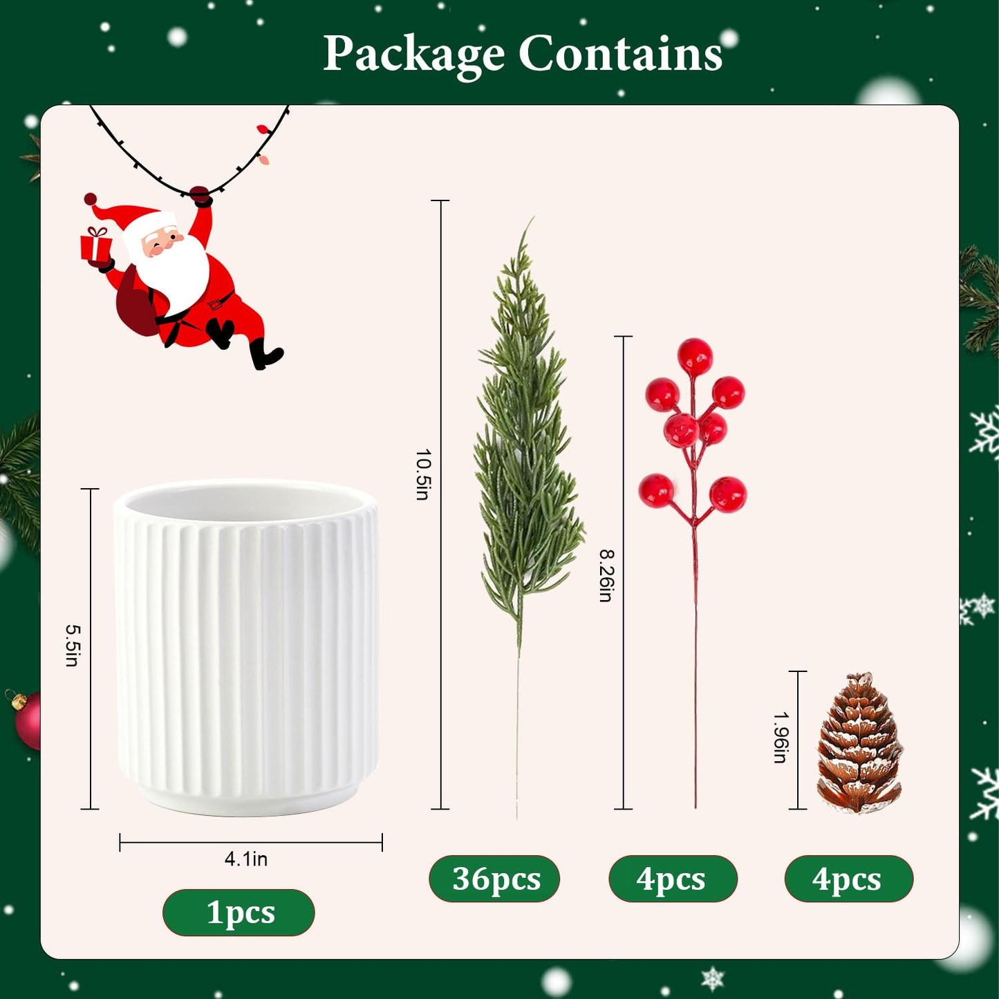 HOMCDALY Christmas Artificial Pine Branches with Red Berry and Pinecone for Tabletop Christmas Decorations, Fake Plants with Ceramic Pot, Small Chritstmas Tree for Home Décor, Christmas Decor Indoor