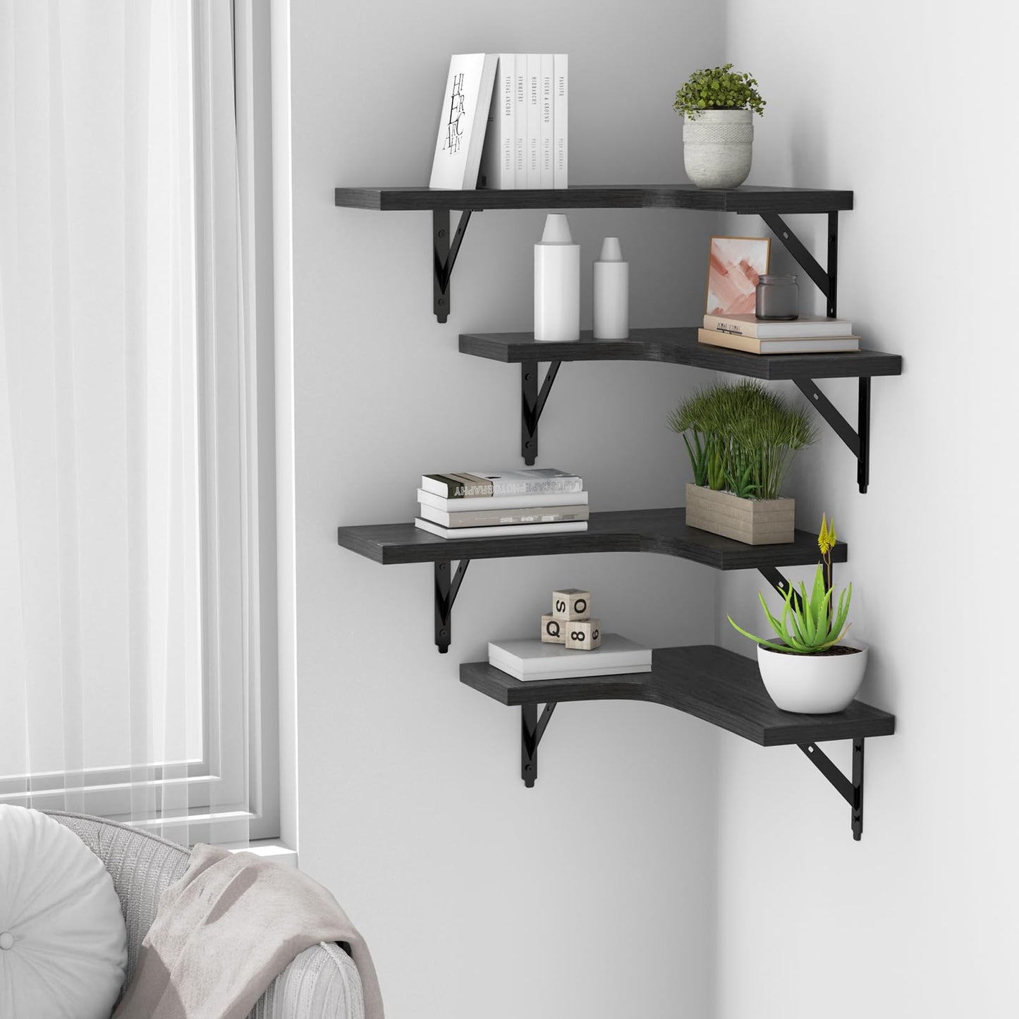 ROMGUAR CRAFT Corner Floating Shelves Wall Mounted Set of 4, Rustic Wood Storage Display Shelves for Home Decor, Bathroom, Kitchen, Bedroom, Living Room, Office (Black)