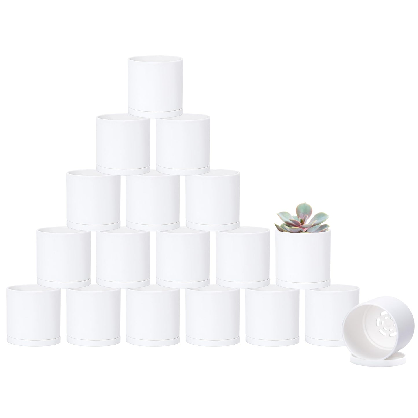 D'vine Dev 18 Pack 2.5 Inch Mini Plastic Plant Pots, Small Garden Planters for Plant with Drainage Holes and Saucers, White Color, 74-Z-B-5