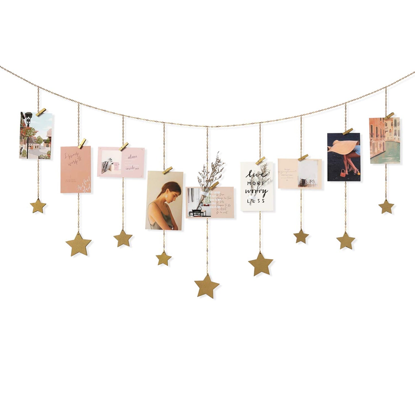 Mkono Hanging Photo Display Boho Decor Wooden Stars Garland with Metal Chains, Pictures Cards Holder with 25 Wood Clips, Wall Art for Christmas Living Room Bedroom Dorm Decor, Teen Girls Gift, Gold