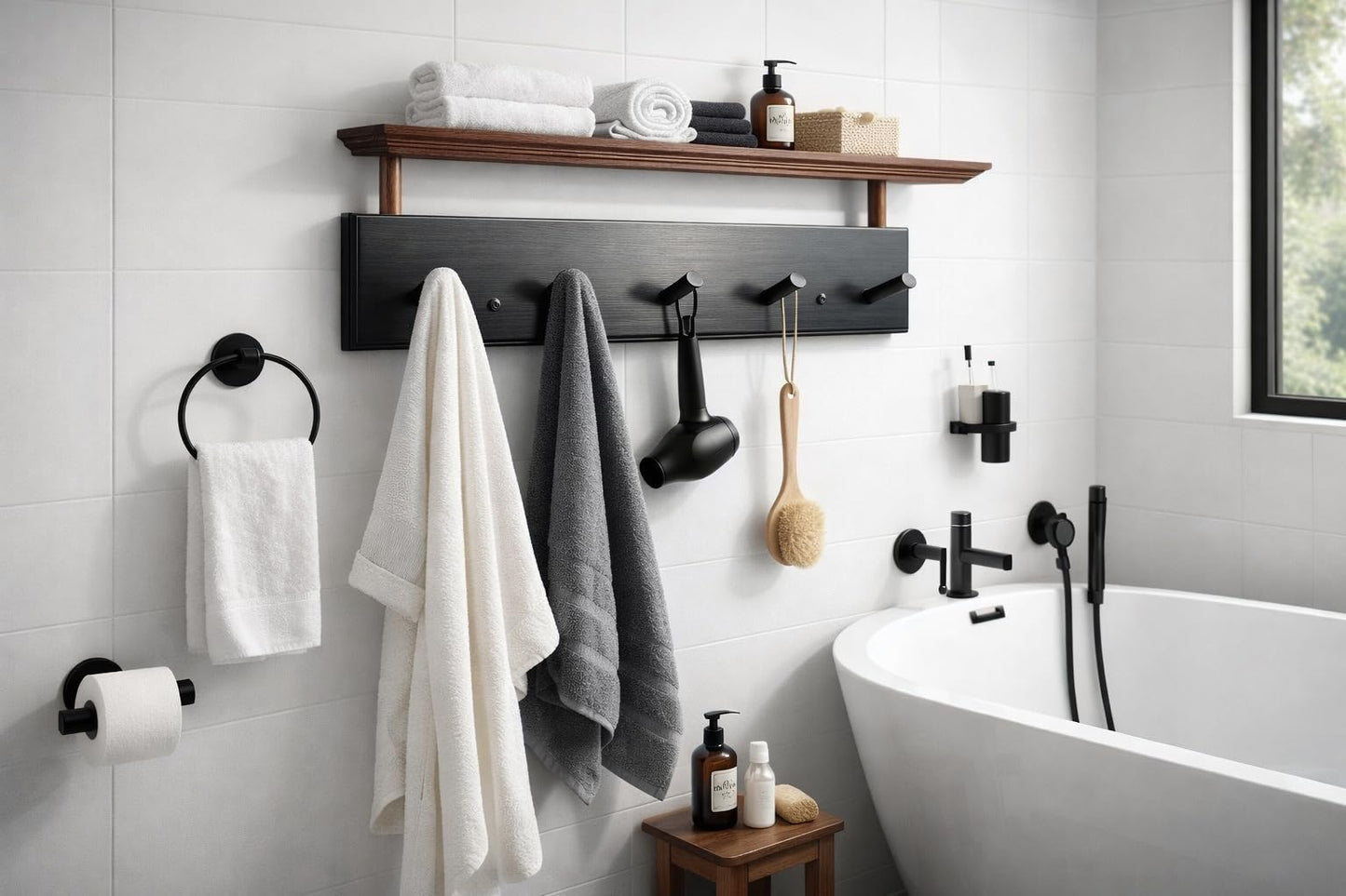 Matías Coat Rack Wall Mount with Shelf, 18 Inch Solid Wood Peg Rail, Wall Mounted Coat Rack with 5 Hooks, Wall Mount Shelf for Entryway, Bathroom or Bedroom (Black and Natural Wood)