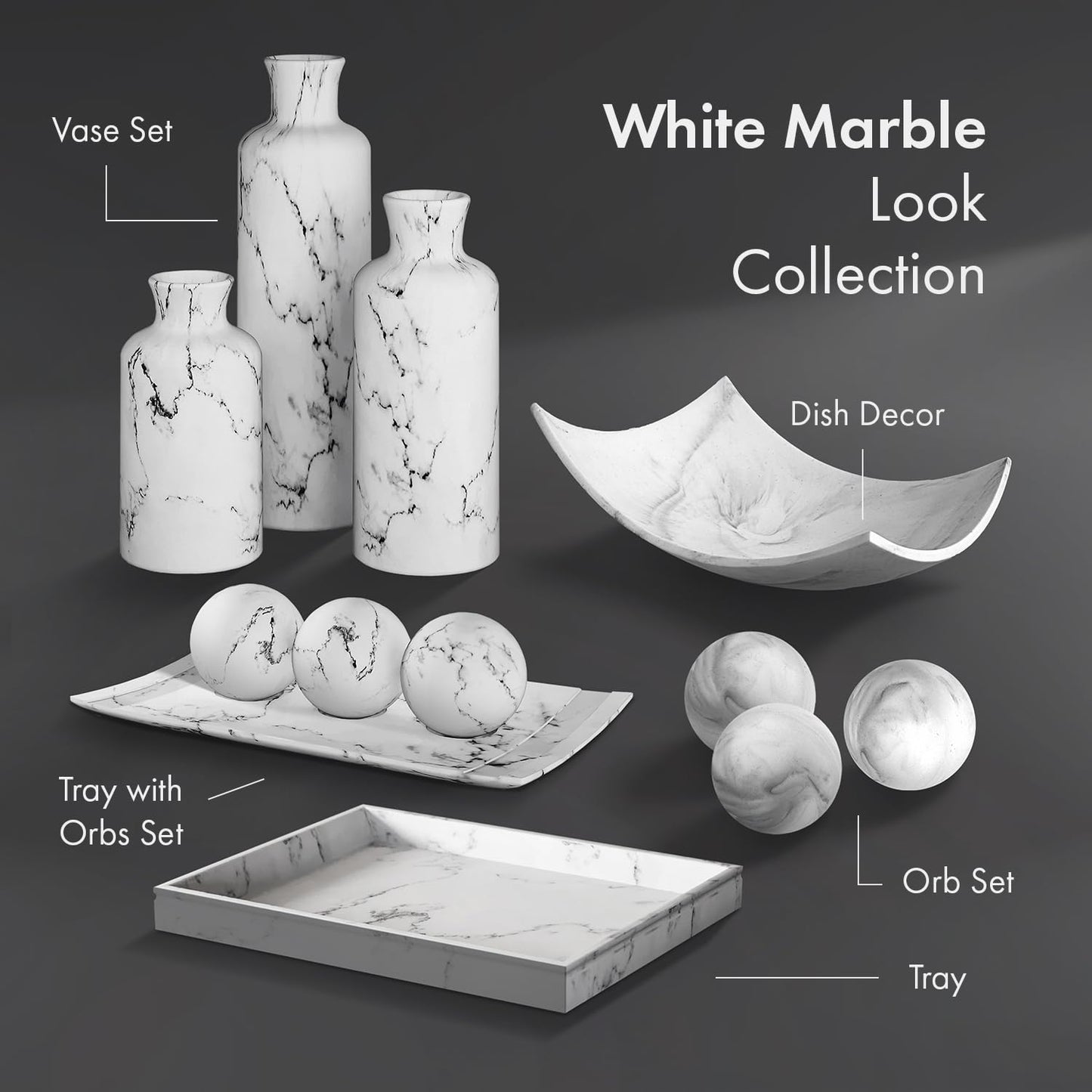 Creative Scents Marble Look Decorative Bowl with matching Set of 8 Balls for Coffee Table Centerpiece, Dining Table, Living Room