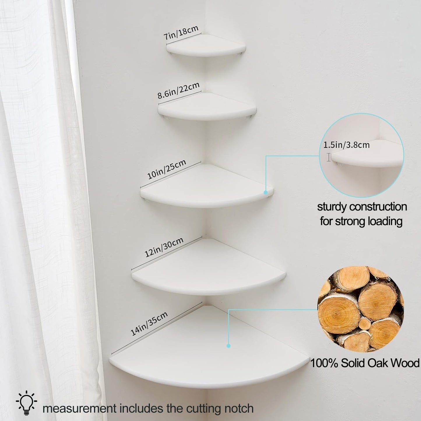 Conamily Corner Shelf, White Solid Oak Wood Floating Corner Shelves Wall Mount Round End Floating Speaker Rack Display Shelf for Small Plant Photo Frame (White, 7in)