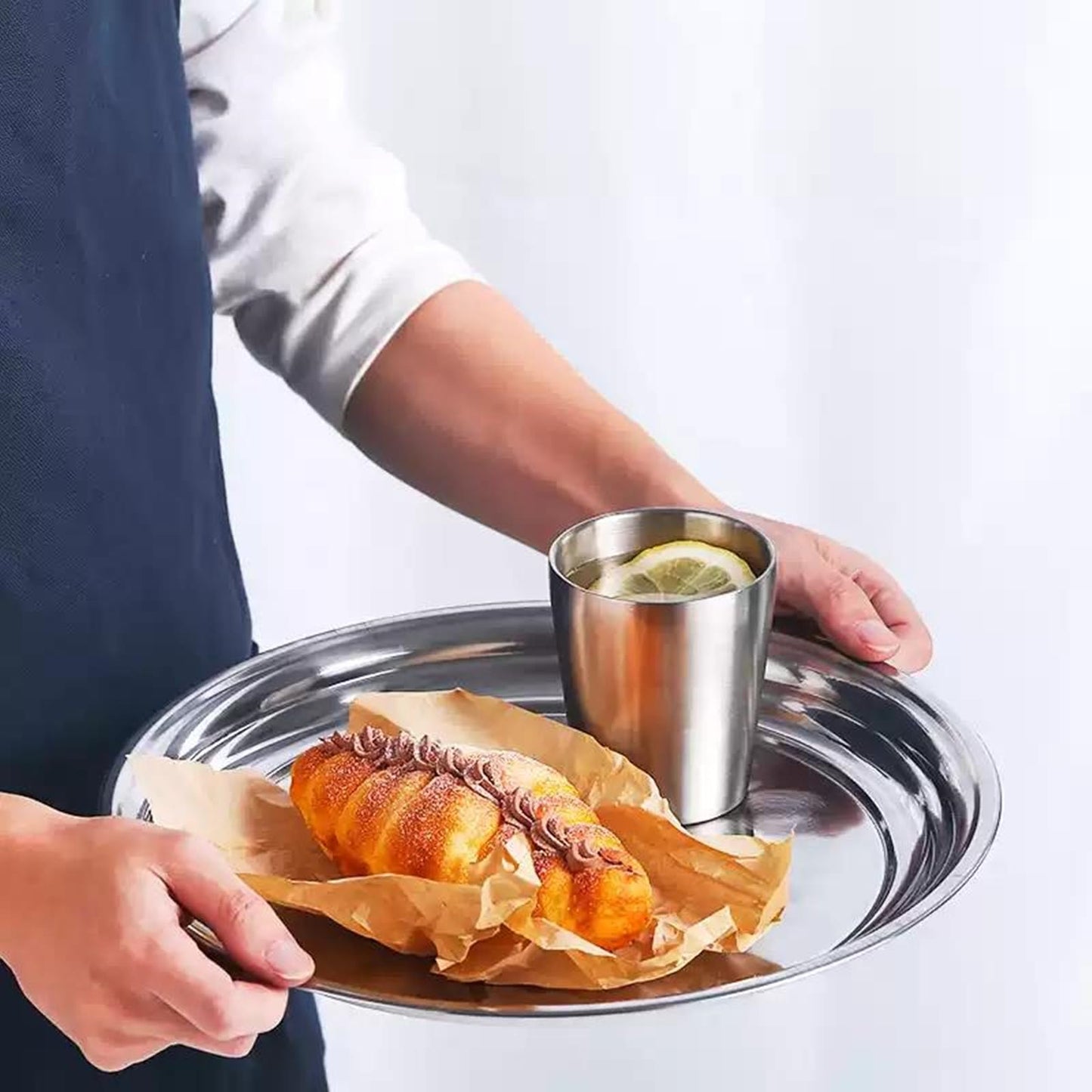 CEZOOWYEX 8 Pack Stainless Steel Round Serving Tray, 12 Inch Silver Oven Baking Tray, Dishwasher Safe Sturdy Metal Display Tray for Coffee Table, Bar, Party, Club, Home, Ottoman