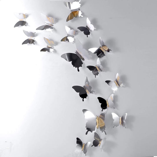 BBTO 48 Pieces Butterfly Wall Decor DIY 3D Mirror Butterfly Stickers Removable Decals Crafts for Birthday Party Bedroom School Bathroom Living Room Decor（Sliver）