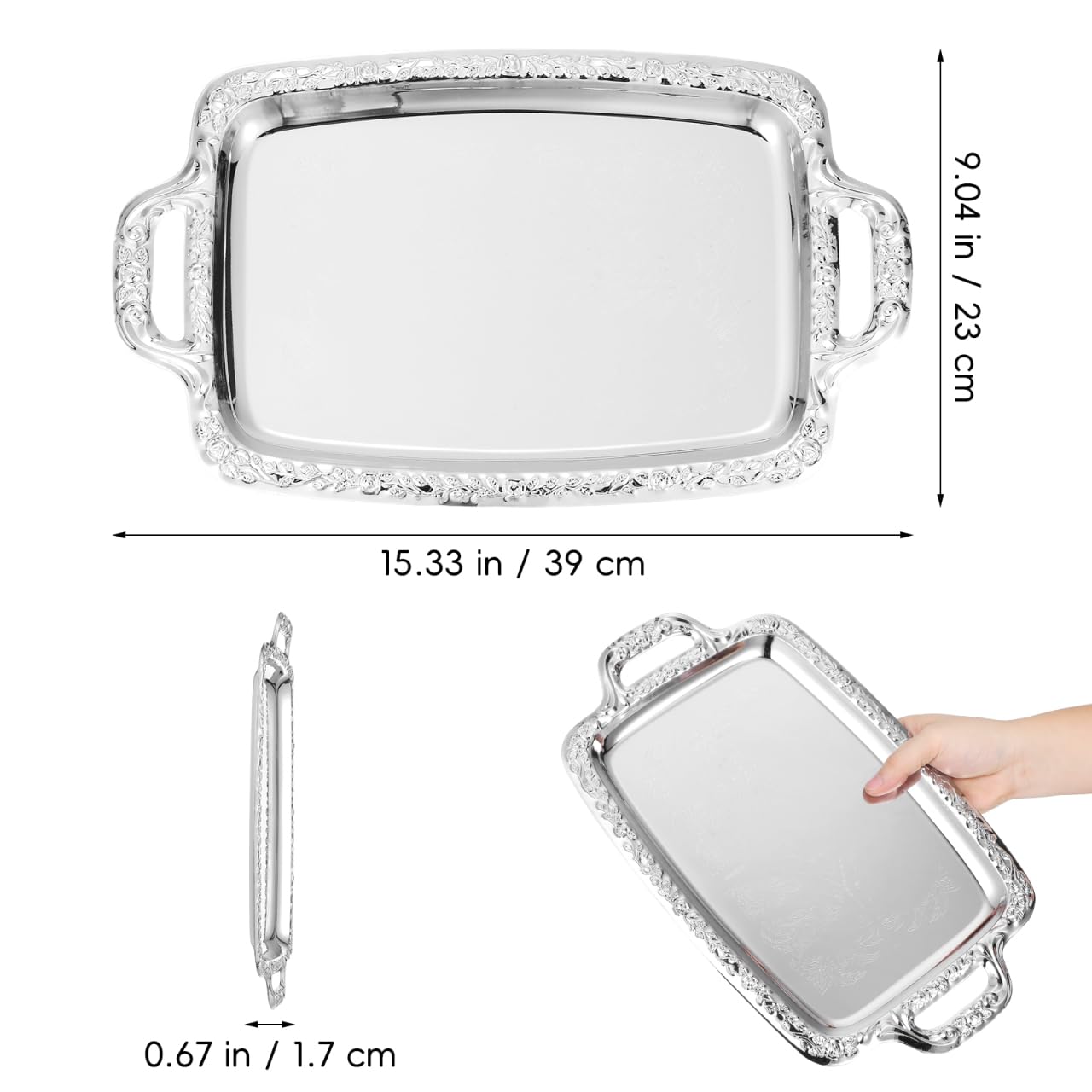 Housoutil Metal Serving Tray, Silver Large Rectangular Antique Serving Platter, European Retro Style Tray for Cookies, Charcuterie, Snacks, Desserts, Fruit, Party Food (39. 00x23. 00x1. 70cm)