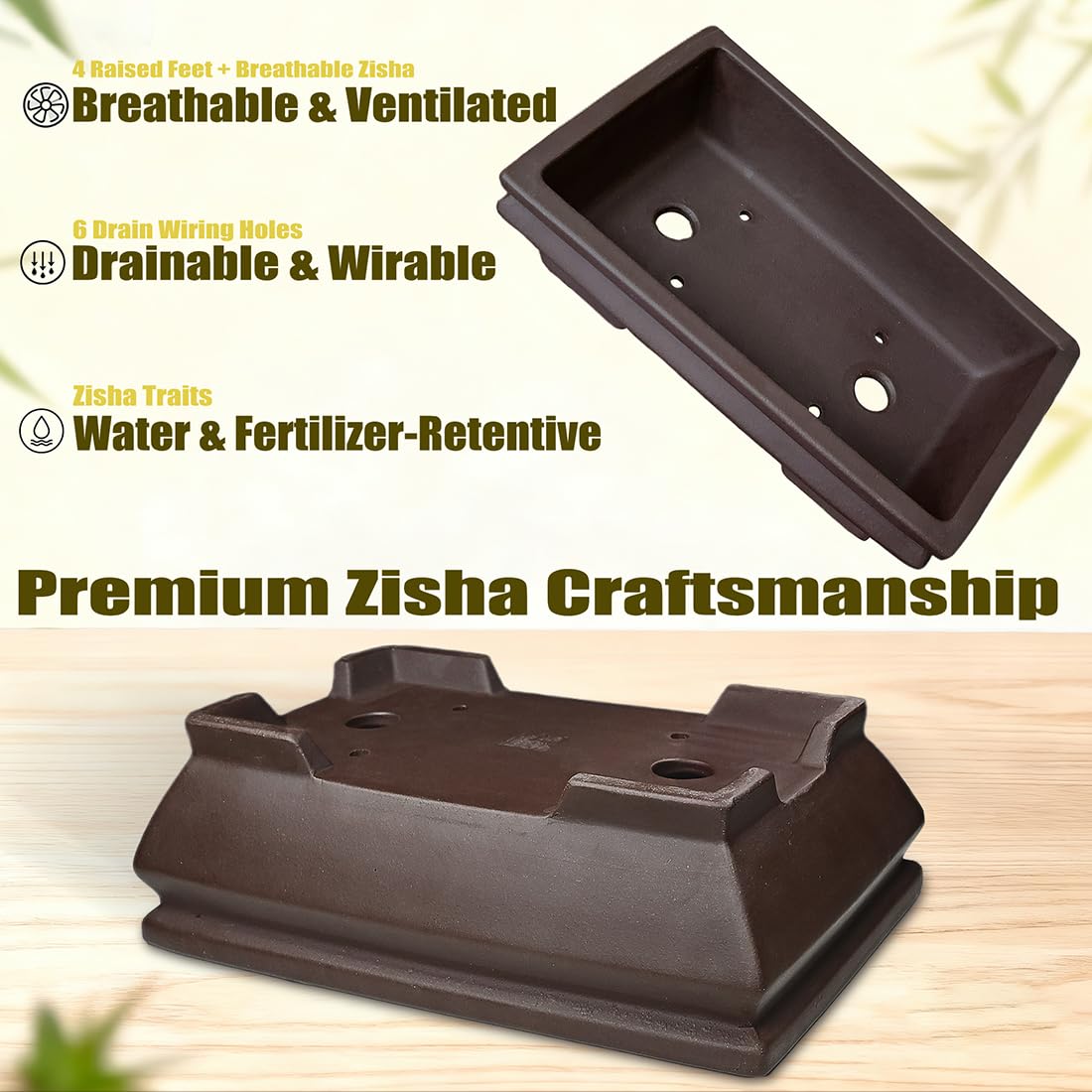MUZHI Unglazed Ceramic Bonsai Pot with Drainage Tray, Rectangle Vintage Brown Bonsai Planter with 4 Raised Feet for Juniper Maple, Succulent Planter Pot with Drip Tray (Elegant Rectangle)