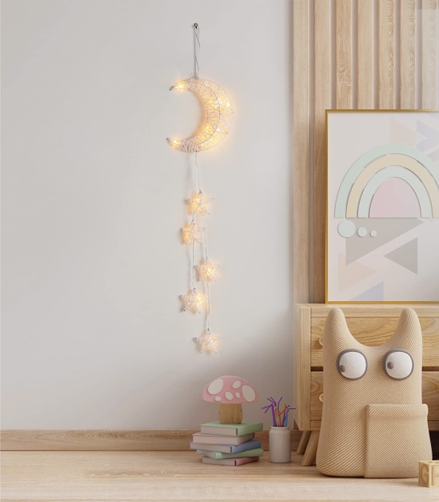 Lewondr Hanging Light,Rattan Moon Star Fairy Lights Indoor Decorative Lights Window Light Easy Operated Star Lights for Children's Room Bedroom Party Ramadan Decoration with Timer Fuction,White