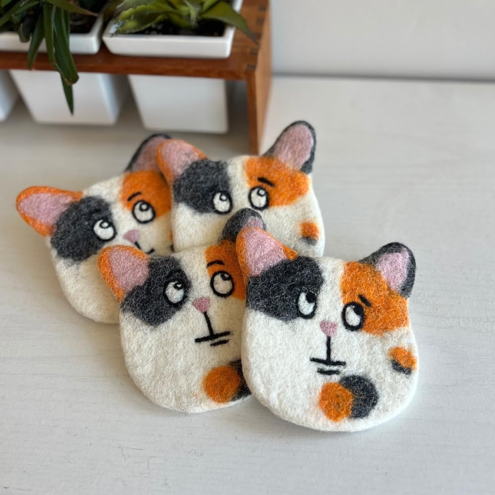 Humble Hilo Handmade Animal Felt Coaster Set of 4, Absorbent Coaster for Animal Lover (Calico Cat)