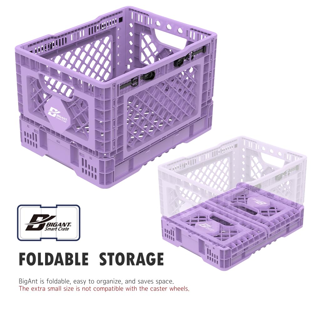 Bigant Heavy Duty Collapsible & Stackable Plastic Milk Crate - Snap Lock Foldable Industrial Garage Storage Bin Container Utility Tote Basket (Purple, 1 Small Crate)