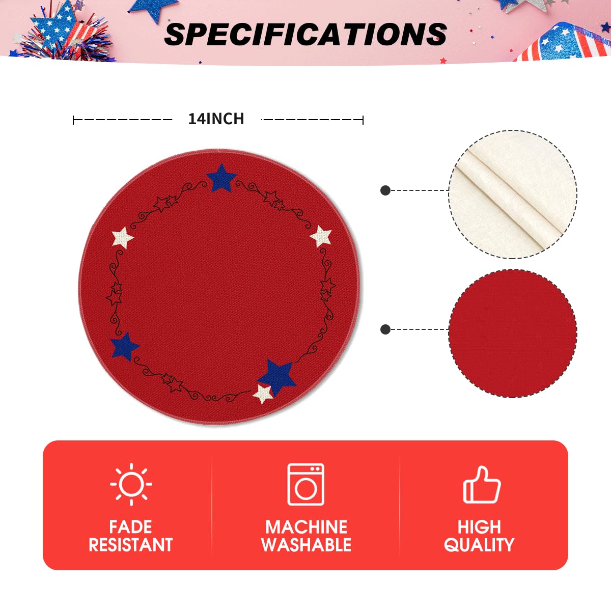 Artoid Mode Red Stars Border 4th of July Round Placemats Set of 4,14 Inch Memorial Day Table Mats for Party Kitchen Dining Decoration