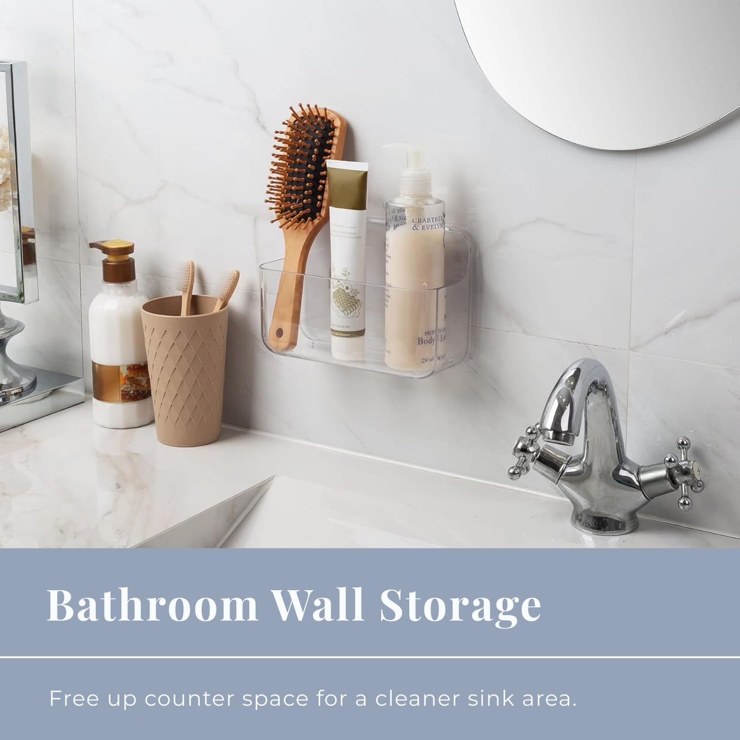 COLINCH No-Drill Wall Organizer Bin – Clear Removable Adhesive Storage Box with Drain Holes, PET Plastic, Ideal for Small Items in Kitchen, Bathroom, Cabinet Door – Sandra Series