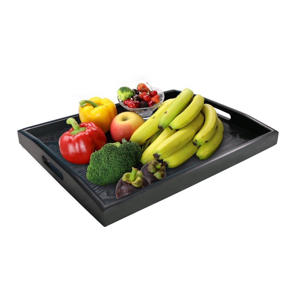 SILILUN Serving Tray Black Large Food Breakfast Wood Butler Tray with Handle 17.77 x 13.72 x 1.78