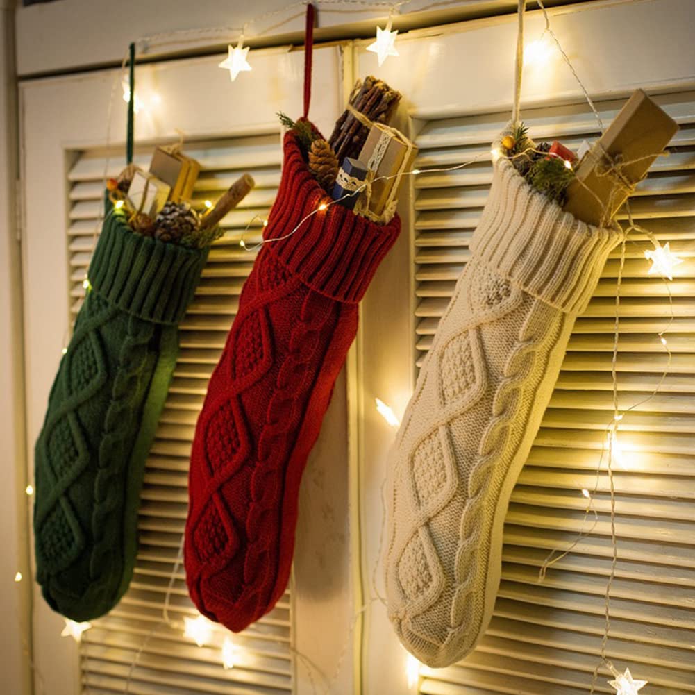 Nanou Christmas Stockings 18" Knitted Christmas Socks Family Holiday Decorations Great Big Stockings for Gift to Family, Friends and Kids (Green(Body)+Ivory (Mouth), Length 18",Pack 1)