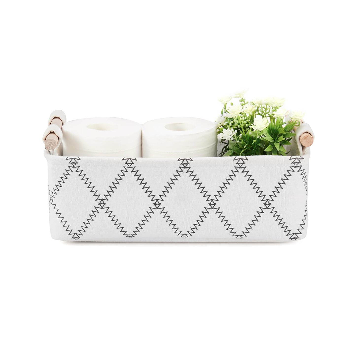 Toilet Tank Basket for Bathroom Storage - Holds 2-4 Toilet Paper Rolls, Small Decorative Basket with Wood Handles, Collapsible Organizer for Countertop, Shelf, Boho Home Décor, 12.5"x7"x4.5", White