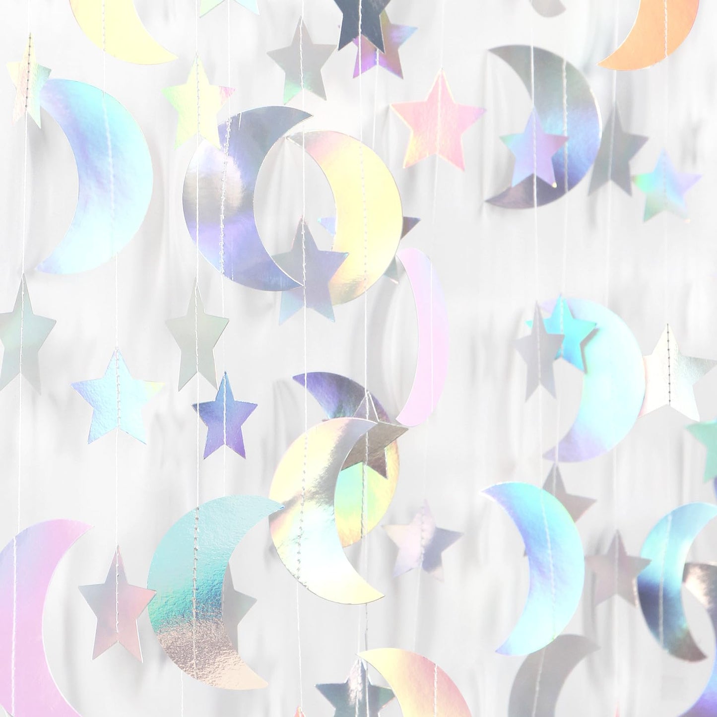 Iridescent Disco-Holographic Party-Decorations Moon-Star Garland - 62Ft Twinkle Little Star Hanging Neon Streamers Banner,Eid Ramadan Mubarak Decoration Birthday Wedding Baby Shower Decor Panduola