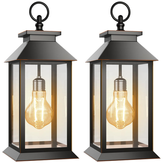 AYTPU 2 Pack Solar Lanterns Outdoor, Hanging Glass Solar Lights Waterproof, Dual Power Solar & 2*AA Battery, for Porch, Patio, Yard and Indoor Table or Mantel