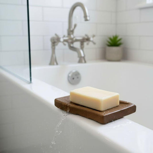 AxonVolu Wood Self-Draining Bar Soap Holder, Natural Rubberwood Soap Dish with 3 Drainage Holes, Non-Slip Soap Saver Tray for Bathroom & Kitchen, Rustic Wooden Sponge/Soap Case（Brown, 1-Pack）