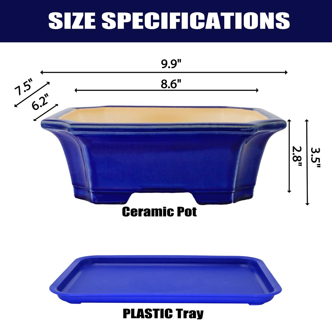 MUZHI Blue Bonsai Plant Pot 9.9” with Drip Saucer, Classic Glazed Ceramic Planter Container for Tree, Cactus, Succulent