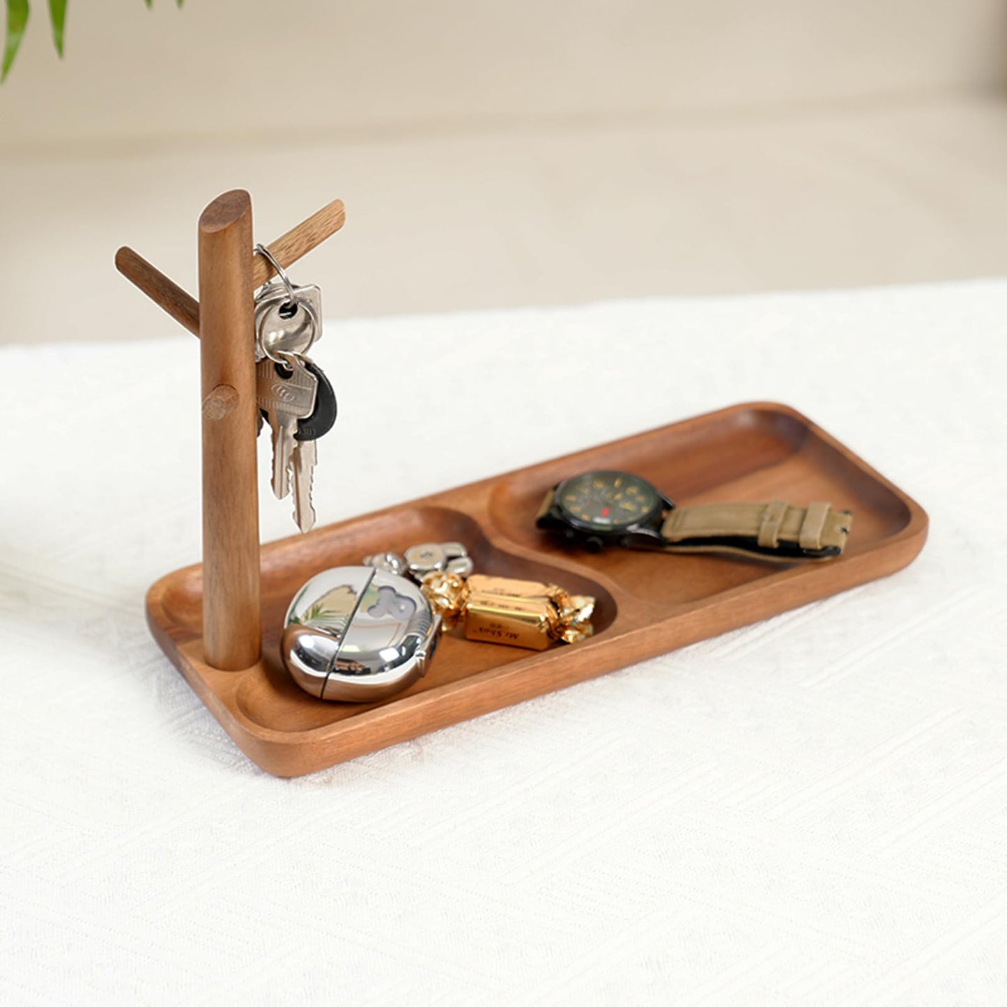 HODAKJUE Wooden Jewelry Stand, 2-in-1 Entryway Key Tray & Desk Organizer, Multi-Compartment Vanity Jewelry Holder, Solid Wood Entryway Organizer for Necklaces, Rings, Earrings, Minimalist Home Decor