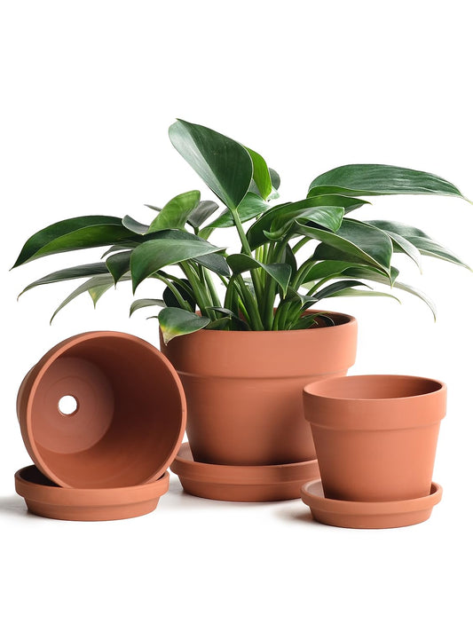 INGOFIN Terracotta Pots Set with Saucer - 5/6/7 inch Ceramic Clay Planters with Drainage Hole, Garden Flower Succulent Pots with Tray for Indoor Outdoor Plants, Set of 3