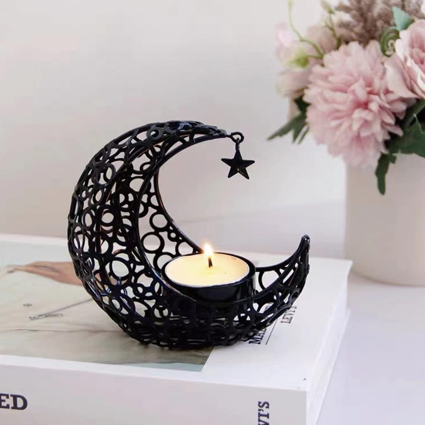 COMZPLIFE Moon Tea Light Candle Holder, Black Metal Decorative Candle Stand for Home Decor, Gift