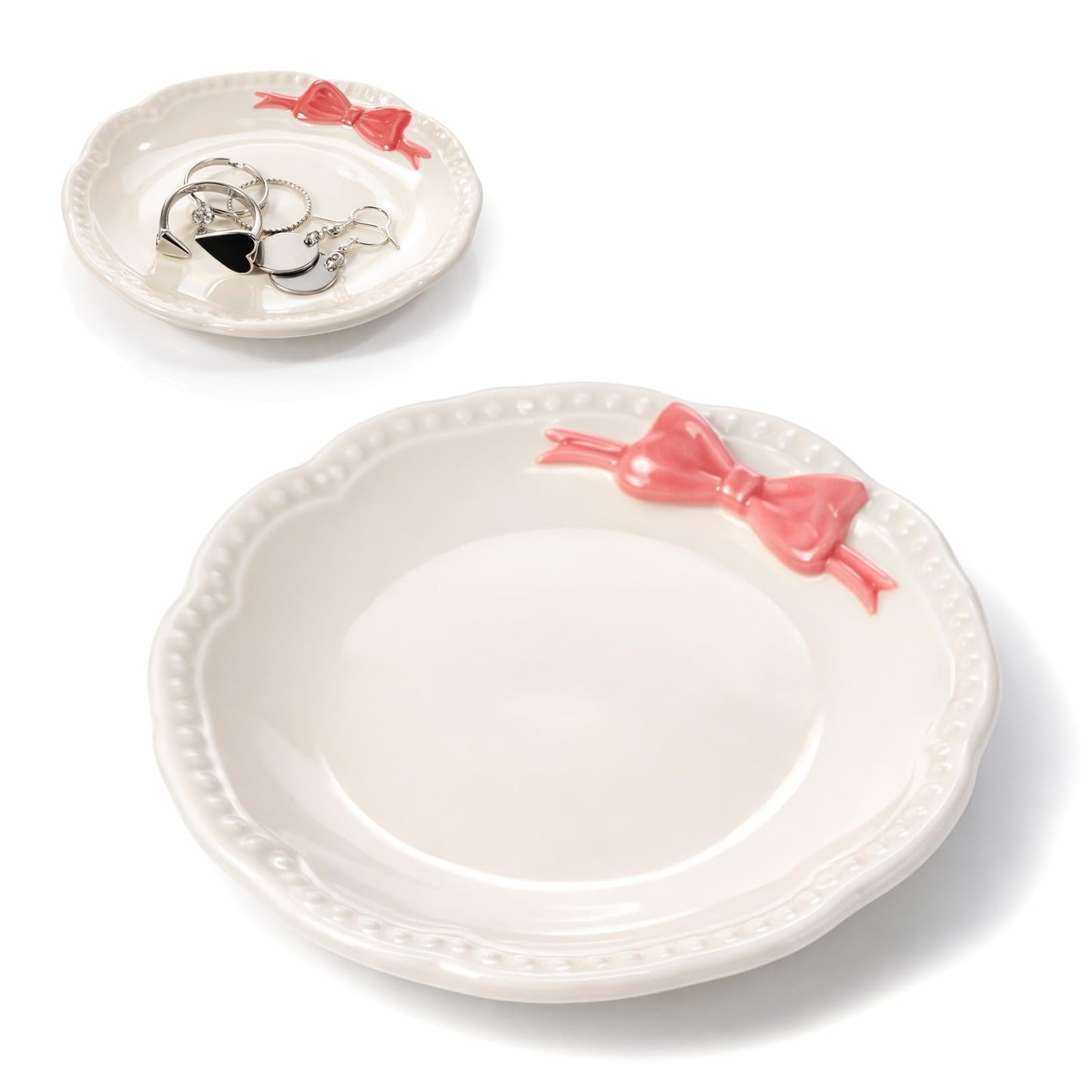 SynHHergyx Small Jewelry Dish, Ceramic Ring Holder Dish, Ceramic Jewelry Tray, White with Pink Bow Jewelrys Holder for Women, Small Jewelrys Tray for Vanity