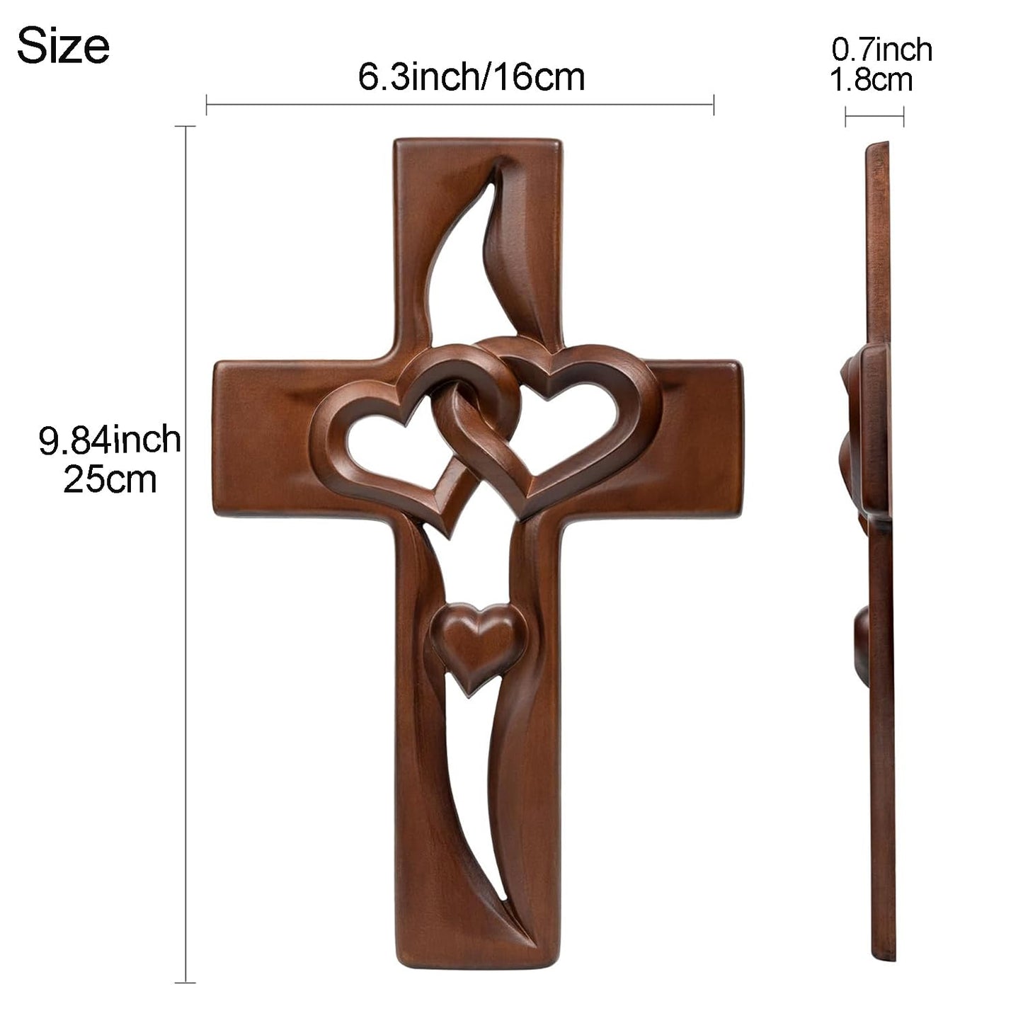 Hand-Carved Intertwined Hearts 9.84 inches Wooden Wall Cross for Wall Sacred, Mothers Day Gifts for Mom ,Handmade Hanging Cross Heart-Shaped Decoration Marriage Wedding Valentine Wood Decorative Gift