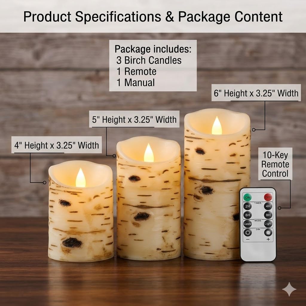 Comenzar Flameless Candles Birch Bark Texture, Flickering Flame Battery Operated LED Candles, Electric Plastic Candles with Remote Timer for Home Decor, Rustic Wedding Centerpiece, Gift Set of 3
