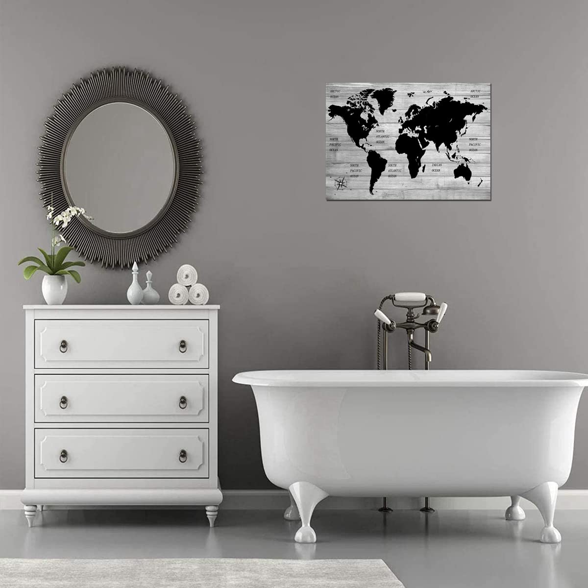 TAOMI World Map Wood Grain Grey Wall Art Black and White Artwork for Office Home Bedroom Decoration Map of the World Canvas Classroom Living Room Wall Décor Frame 12x16inch