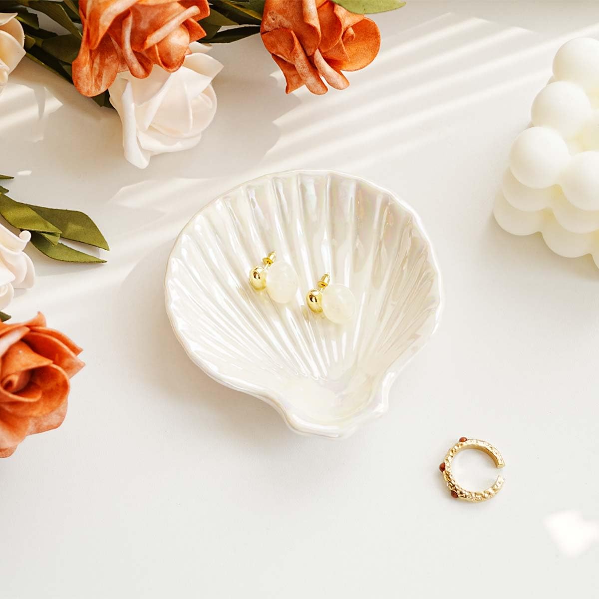 Gifts For Women Shell Ceramic Jewelry Dish Tray, Vanity Ring Dish Ceramic Jewlery Trays Trinket Ring Holder,Room Decor Aesthetic,Decorative Vanity Key Tray (Shell A)