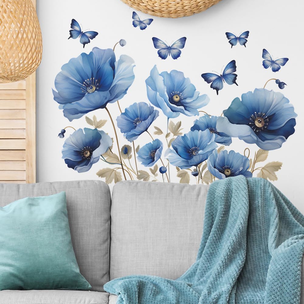 iMagitek Blue Flower Wall Decals Peel and Sticker DIY Floral Butterly Wall Stcikers Murals for Girls Bedroom, Living Room, Kids Room Wall Decor