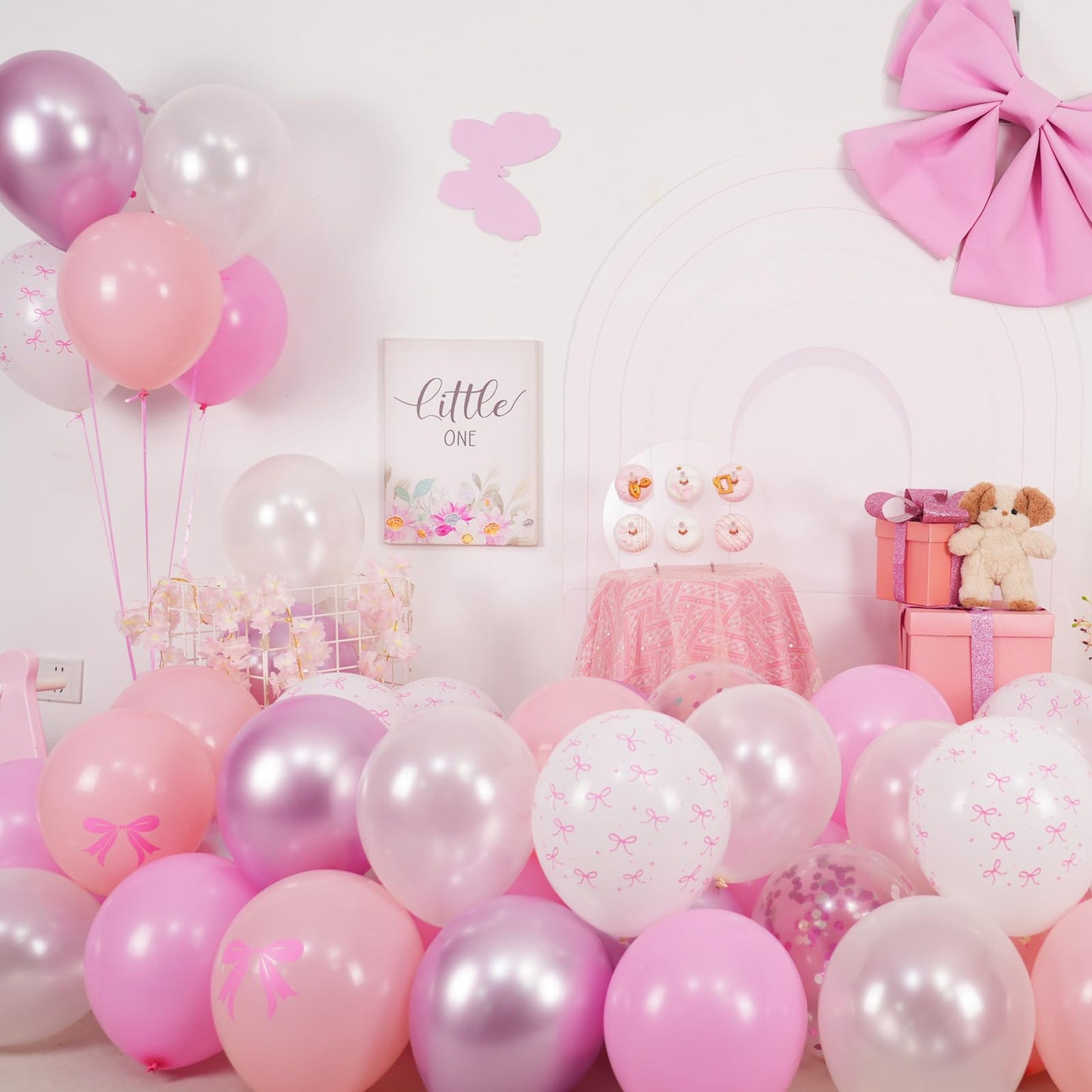 Pink Bow Balloons, 60pcs Pink and White Balloons, Bow Printed Balloon Metallic Confetti Balloon For Girls Women Princess Coquette Birthday Bridal Baby Shower Party Engagement Wedding Anniversary Decor