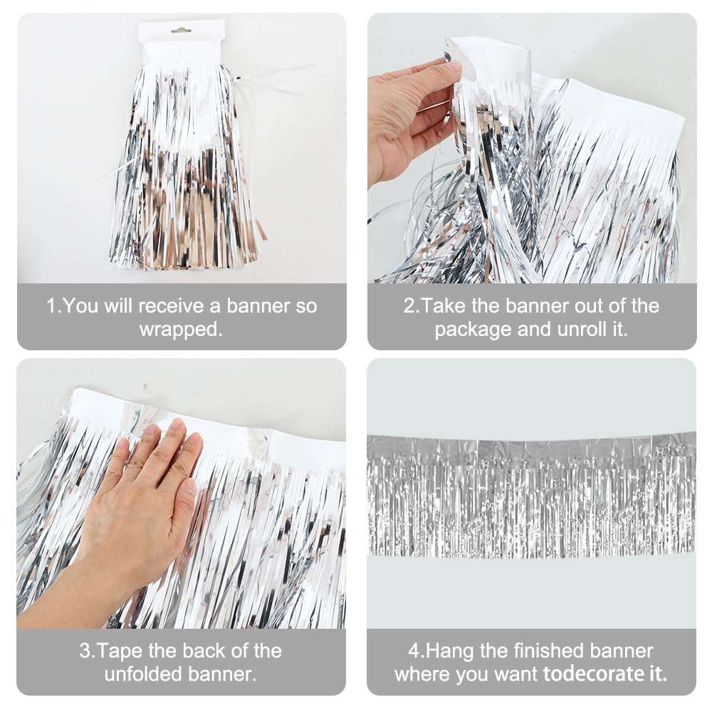 BEISHIDA 3 Packs 30 Feet Metallic Foil Fringe Garland Tinsel Streamers，Shiny Silver Wall Hanging Tinsel Fringe Banners for Wedding Birthday Party Decoration Halloween Christmas New Year