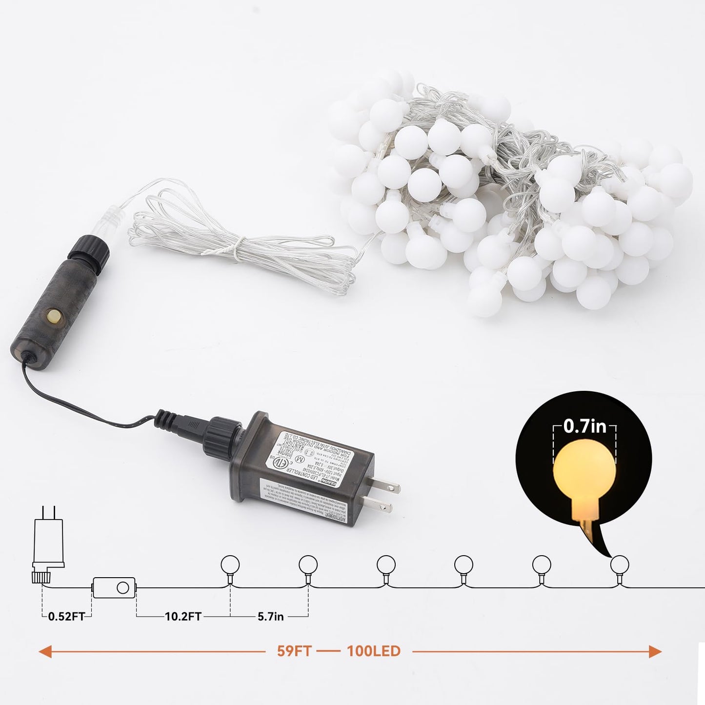 Dailyart Globe String Lights, 100Led 59FT Waterproof Fairy Lights Plug in 8 Modes with Remote Control, Brightness Adjustable &Timing String Lights Indoor Outdoor, Fairy Lights for Bedroom, Warm White
