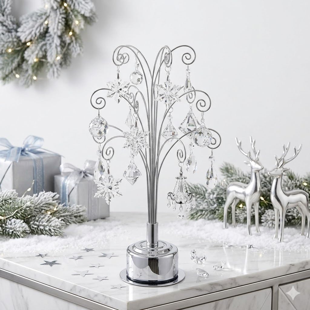 HOHIYA Ornament Display Stand 360° Rotating Christmas Tree Display with 15 Metal Hooks Tabletop Ornament Hanger for Crystal Glass Baubles Elegant Chrome Silver Eater Decor