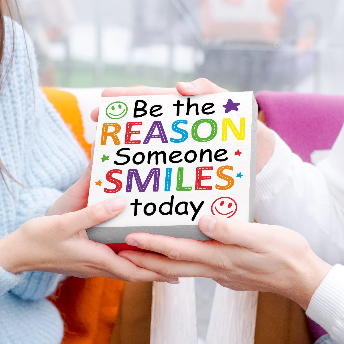 Be the Reason Someone Smiles Today Sign Wood Block,Inspirational Wooden Box Sign Motivational Desk Décor for Office Cubicle,Cheer Up Gifts for Women Coworker 5"L x 5"W x 1"H