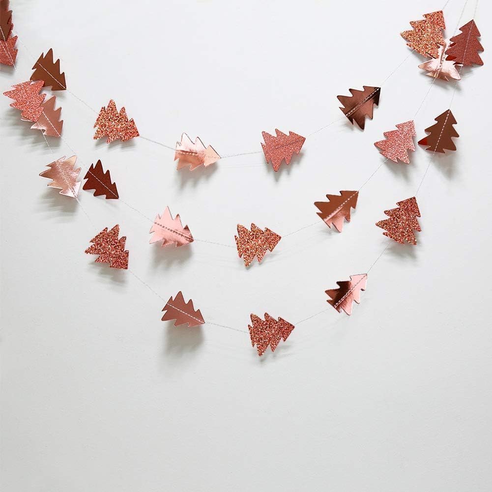 Cheerland Rose Gold Christmas Tree Garland Happy Holidays Banner Woodland Theme Party Decoration Xmas Hanging Backdrop Christmas Banner Wall Decor for Winter Birthday Party New Year Decorations