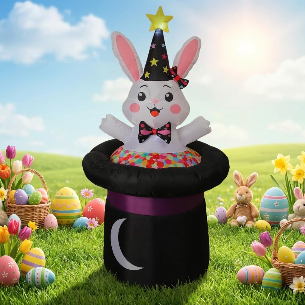 IHGYT 5 Ft Inflatable Easter Bunny in Magic Hat Yard Decoration, Cute Wizard Rabbit Popping Out of Top Hat with LED Lights, Blow Up Lawn Decor for Easter, Birthday Party, Indoor Outdoor Home Garden
