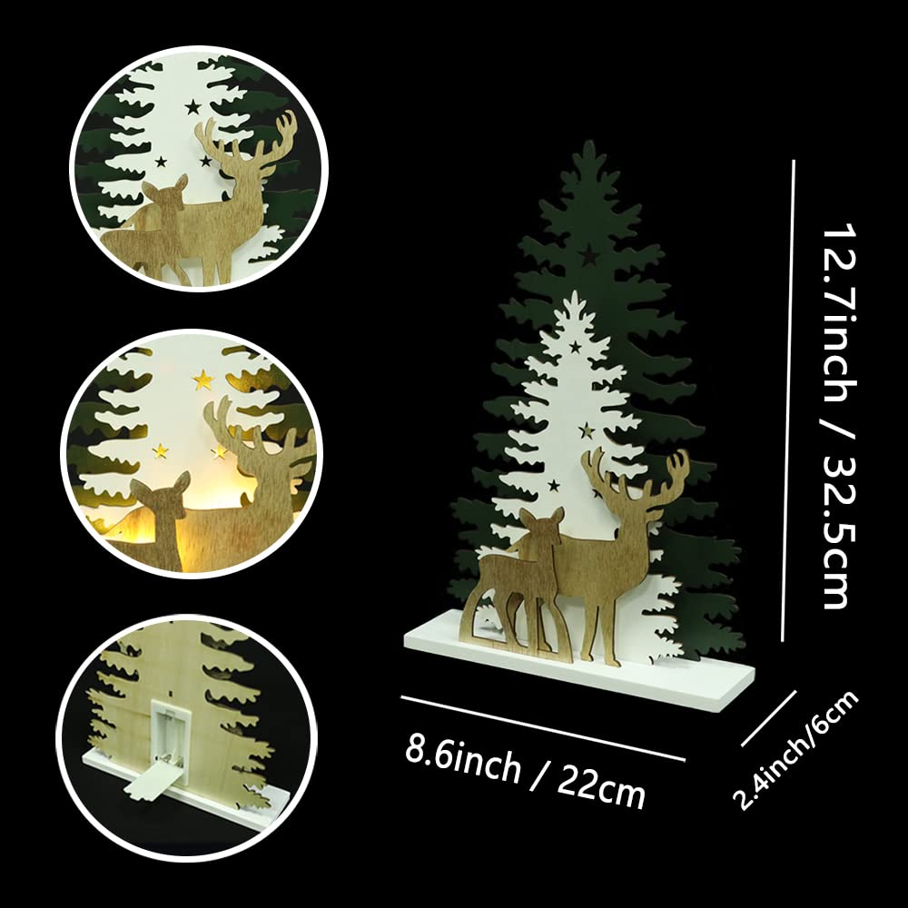 Lighted Christmas Tabletop Decorations,Supergorea,Wooden Christmas Tree and Deer Table Decor,LED Wood Craft Light 2AA Battery Powered 12.7 inch for Xmas Home Decoration(Indoor)