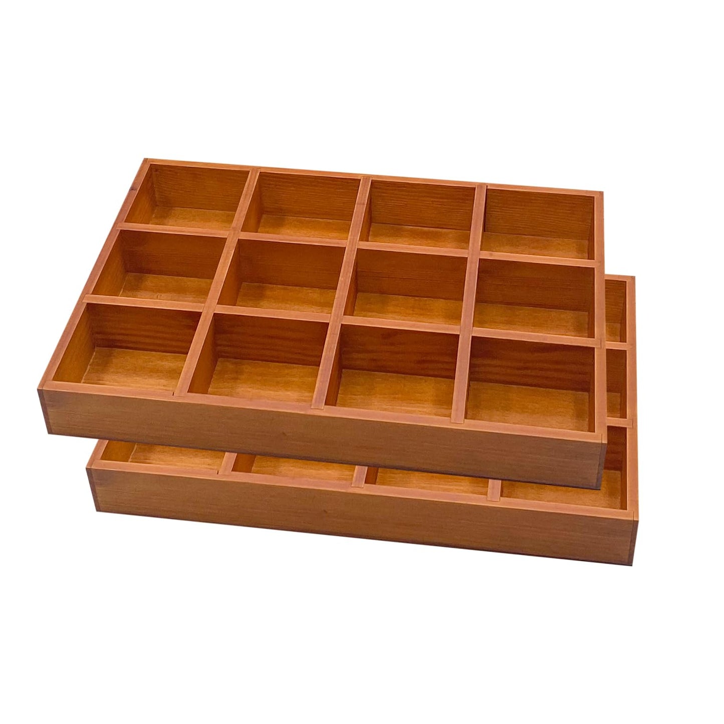 Cregugua 2 Pack Wooden Sorting Tray Grid Display Wood Divided Organizer Brown finished Section Box (12 Compartments,12.9 x 9.1 x 1.55 Inch Each Tray)