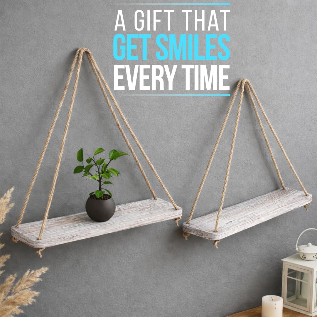 Comfify Hanging Shelves for Wall - Set of 2 – Rustic Farmhouse Boho Shelves with String – 17”x5.2” – Thick Distressed, Torched Look Real Wood - Rustic White
