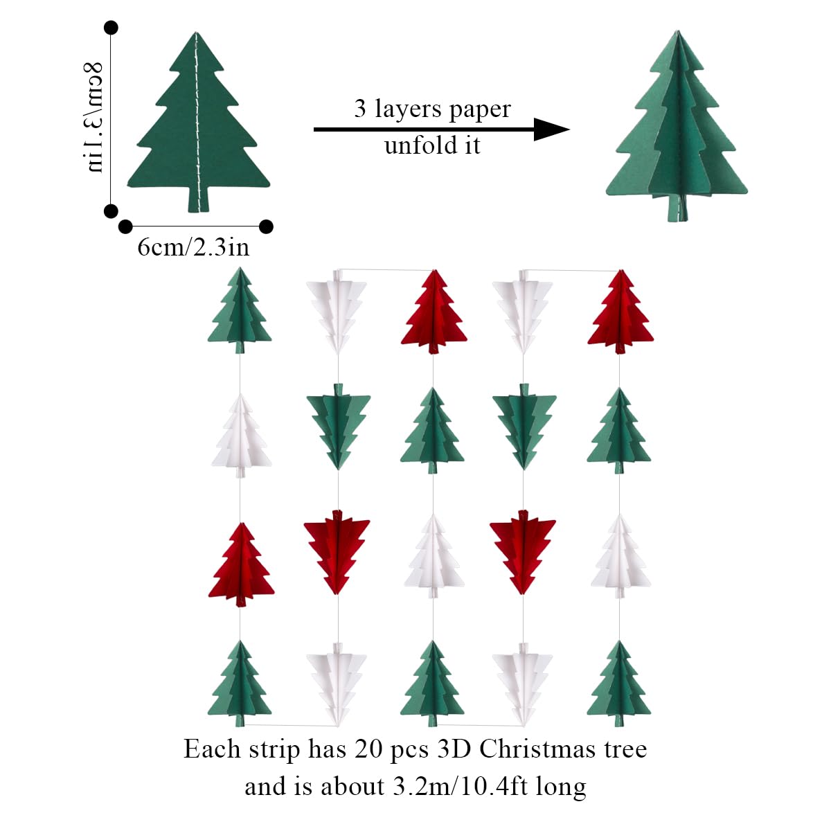 Red White Green Christmas Decorations - 2Pcs 3D Christmas Tree Paper Streamers Party Banner Garland Hanging Decor