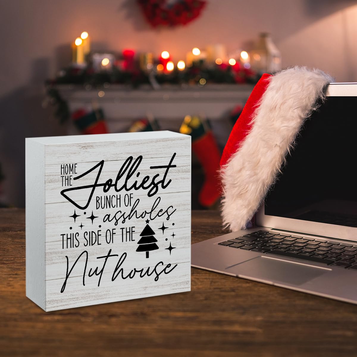 Christmas Decor Christmas Wooden Sign Christian Desk Decor Christmas Vacation Humor Quote Sign Home Office Desk Table Cubicle Shelf Decor Gifts for Women 5 x 5 inch