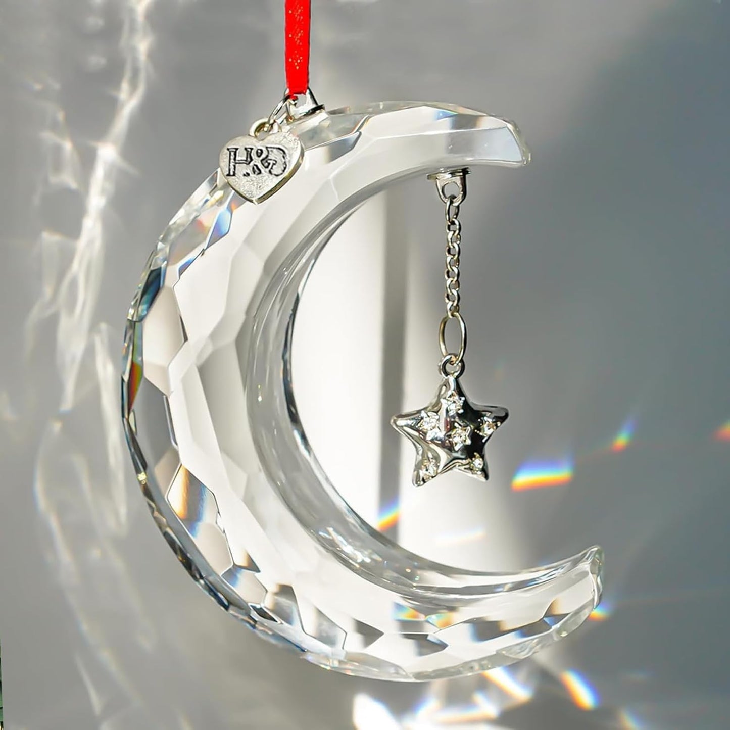 H&D HYALINE & DORA 2026 Christmas Moon Ornament Crystal Christmas Moon Hanging Ornament Clear Crystal Suncatcher Ornament for Xmas Winter Party Home Decor