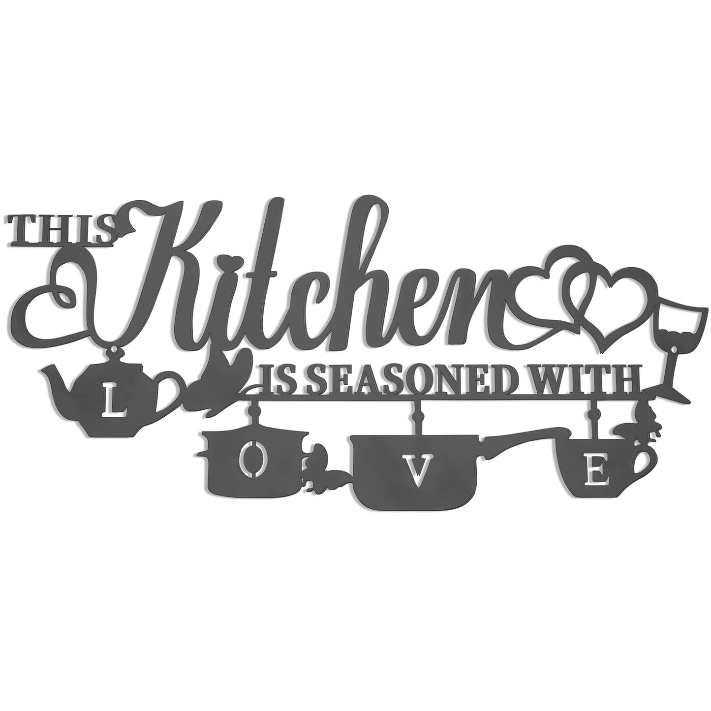 KHayRovies Metal Kitchen Wall Decor, This Kitchen is Seasoned with Love Black Word Name Sign Hanging Wall Art Decor, Rustic Iron Letters Quotes for Kitchen Farmhouse Dining Room Home Decor (A)